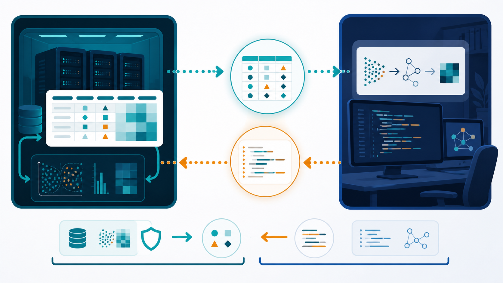 A protected RCC environment sends an invented example to an external coding workspace; only code returns, and the real analysis remains inside RCC