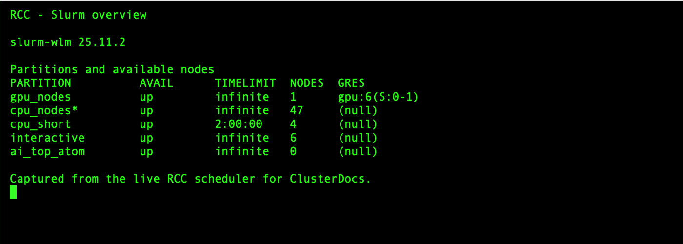 Terminal showing the RCC Slurm version and a partition summary